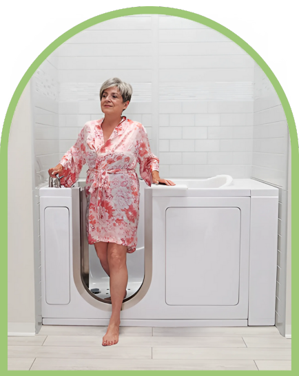 Senior woman using a walk-in tub for safe bathing in Boston